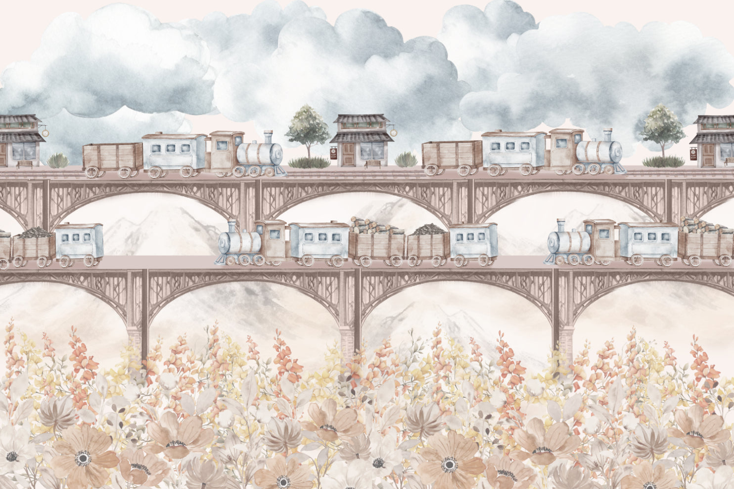 Vintage Floral Train Wall Mural