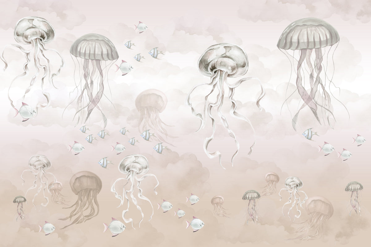 Beige Watercolor Jellyfish Wall Mural in your room — zoomed