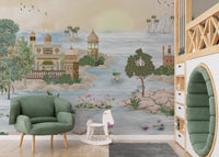 Serene lake wallpaper mural with floating swans
