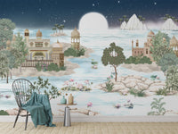 Scenic night lake wallpaper with soft moonlight
