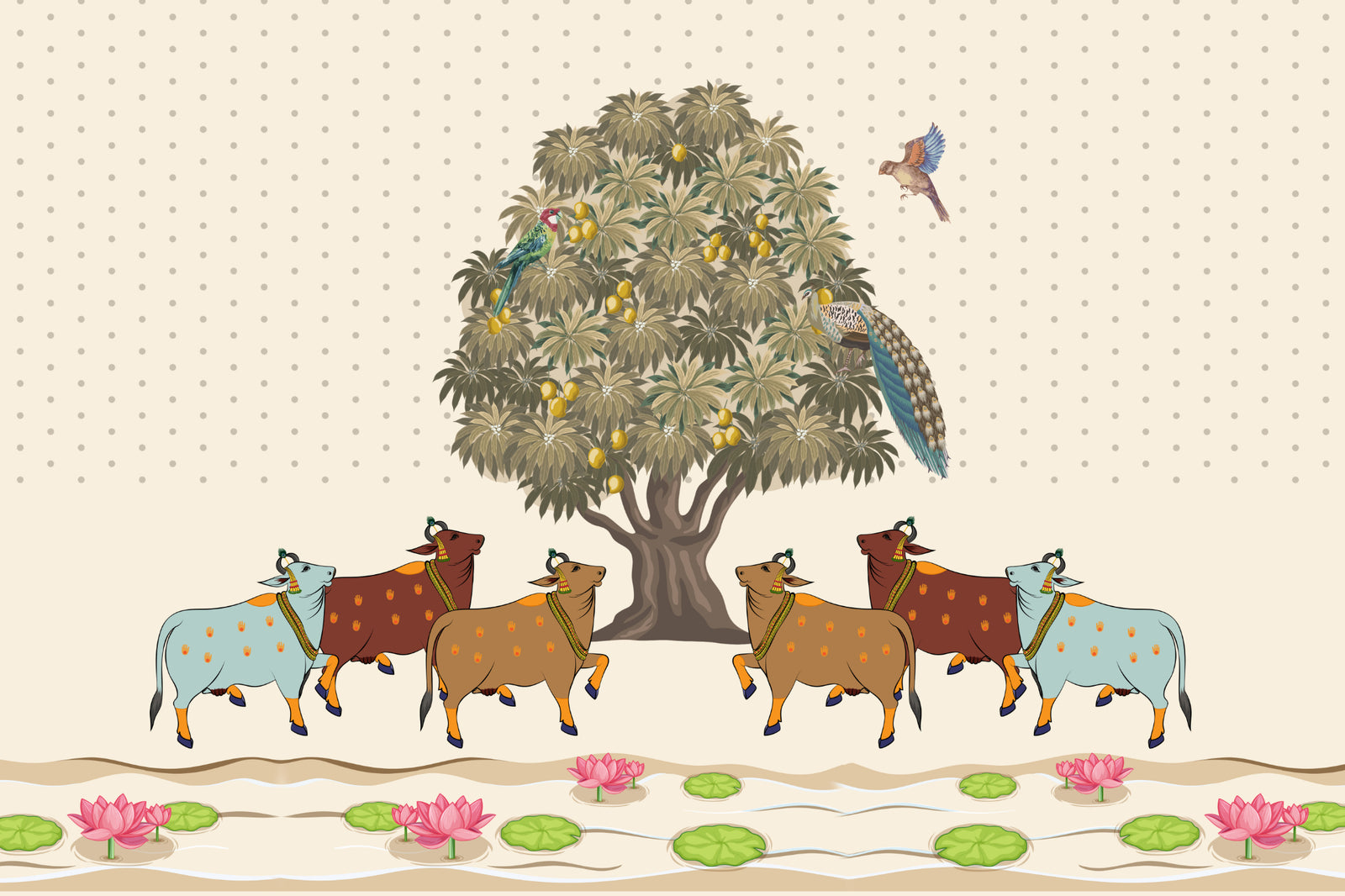 Pichwai Sacred Cows Mango Tree Mural in your room