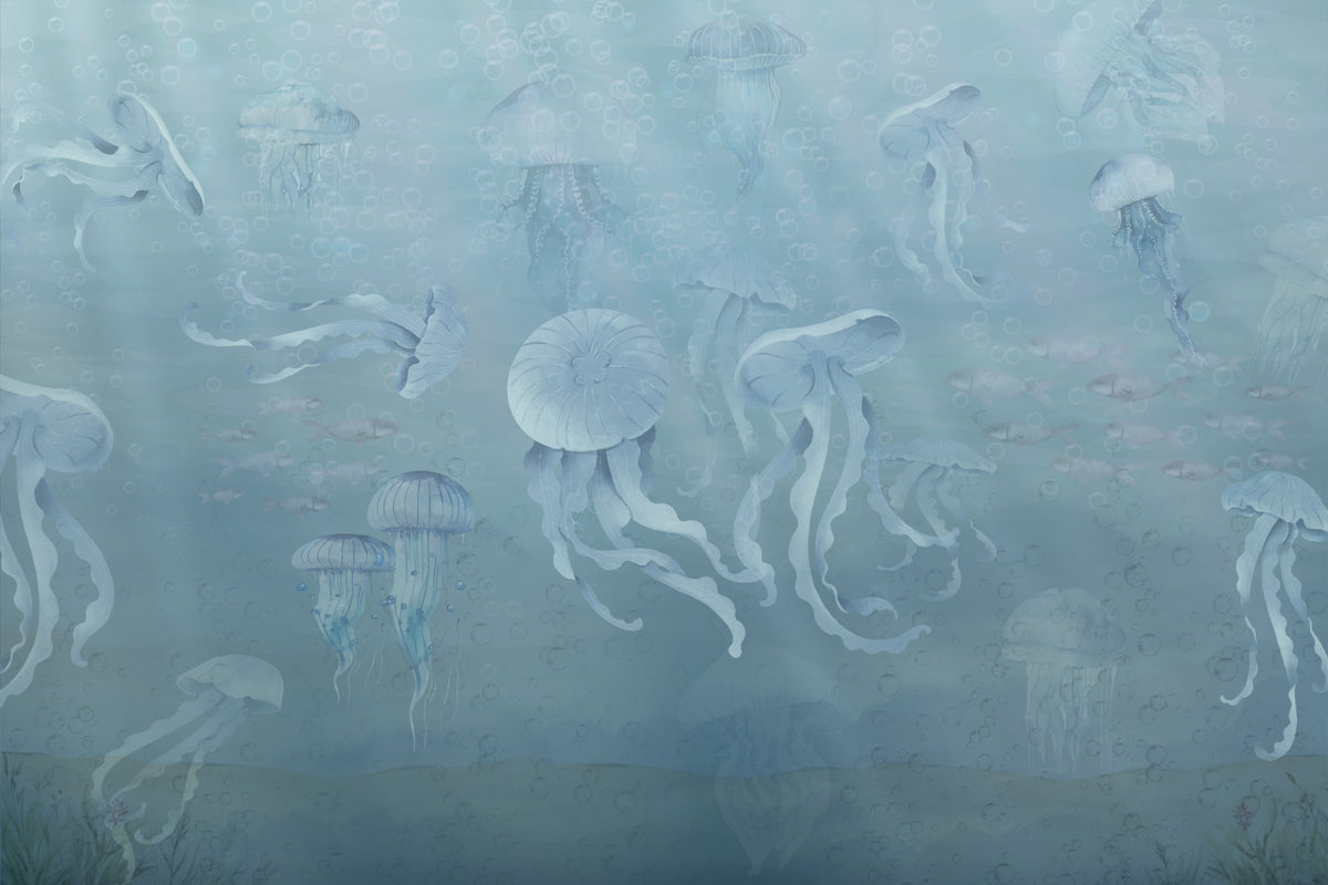 Watercolor Jellyfish Ocean Wallpaper Mural in your room — zoomed
