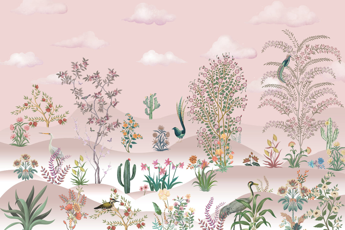 Pink Vintage Desert Botanical Wallpaper in your room