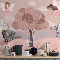 Whimsical fairytale castle and fairy wings wallpaper design
