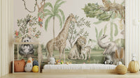 Jungle animal wallpaper with elephants and tropical birds
