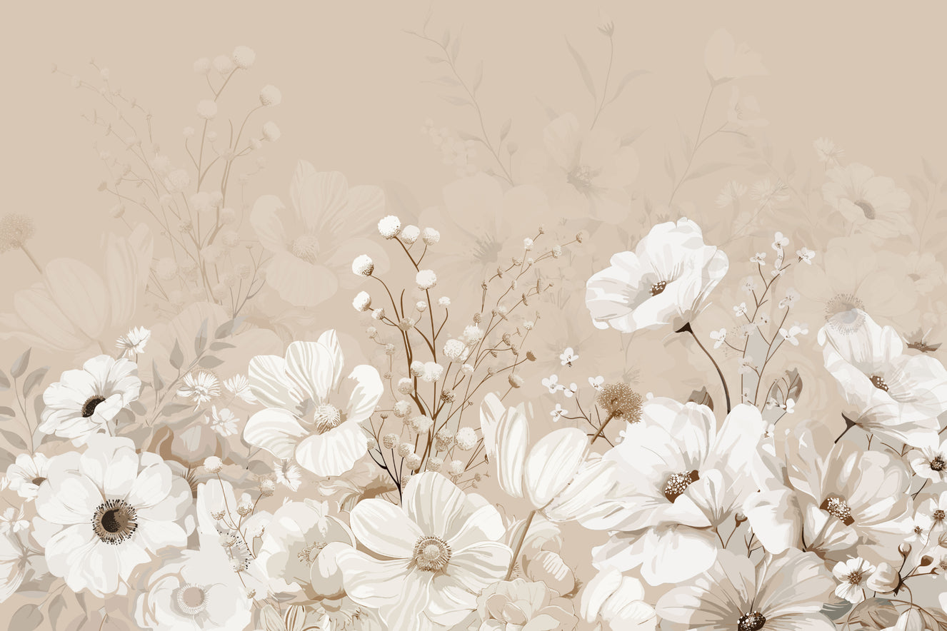Beige Neutral Floral Wallpaper Mural