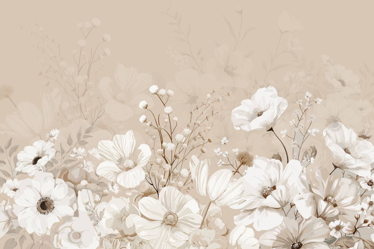 Beige Neutral Floral Wallpaper Mural in your room — zoomed