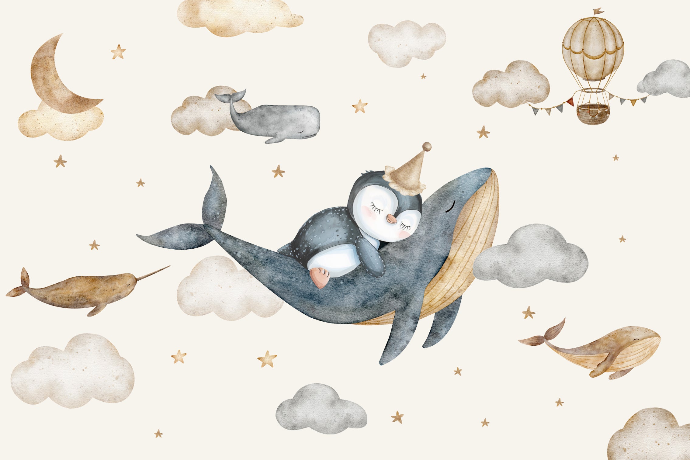 Flying Whale Nursery Wallpaper in your room — zoomed
