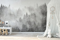 Mist-covered pine tree mural with a natural feel
