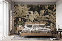 Black and gold jungle wallpaper with intricate details
