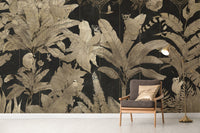 Bold gold wallpaper with exotic animals and leaves
