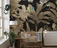 Luxe botanical jungle wallpaper with shimmering gold
