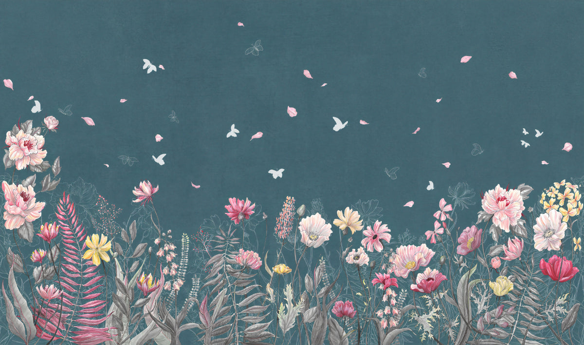 Teal Floral Botanical Wallpaper in your room