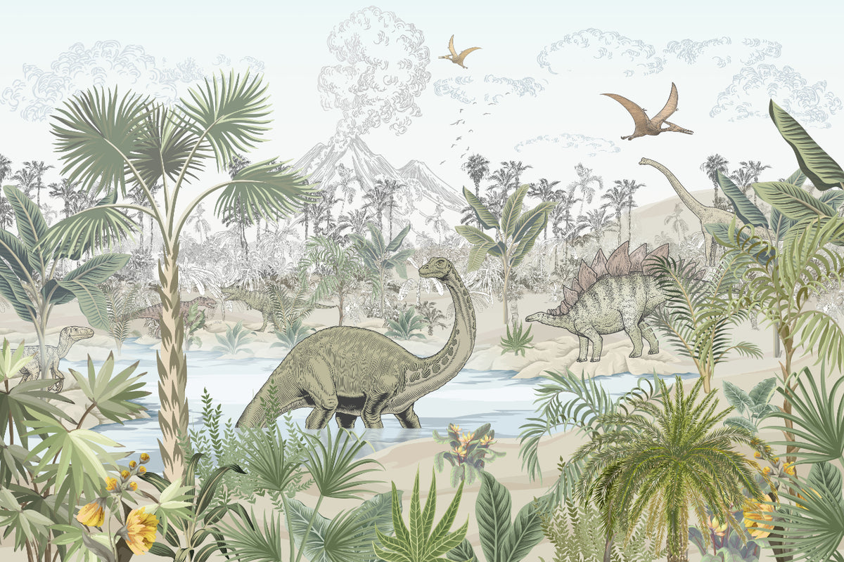 Tropical Dinosaur Jungle Wall Mural in your room — zoomed