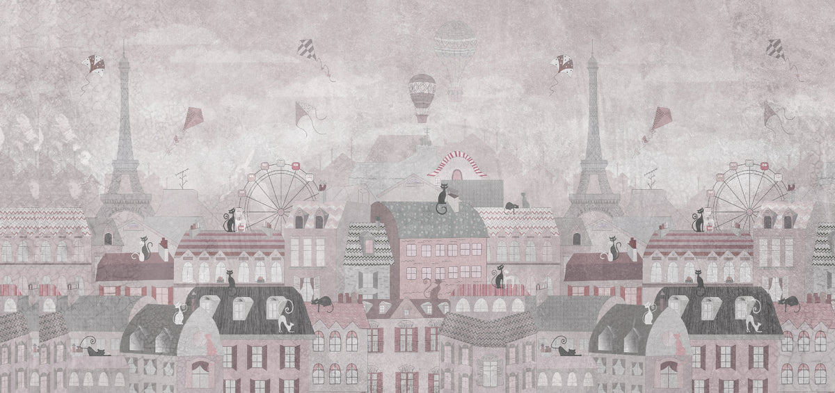 Whimsical Paris Cityscape Wall Mural in your room