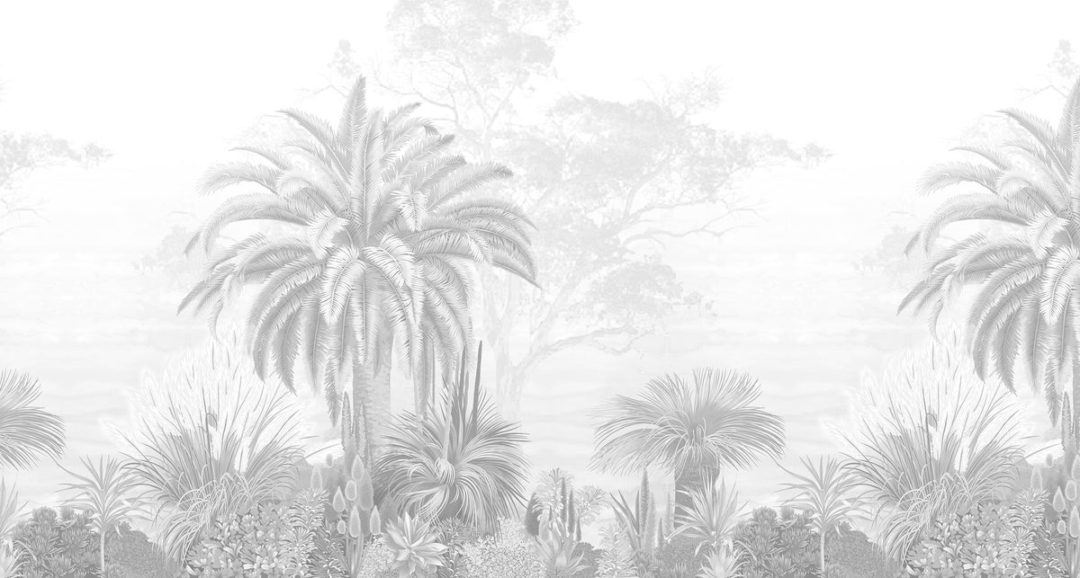 Misty Monochrome Tropical Wallpaper in your room — zoomed