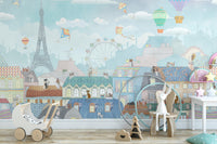 Colorful rooftops and cats Paris wall mural
