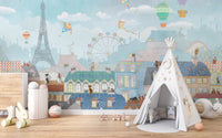Hot air balloon kids wallpaper over Paris
