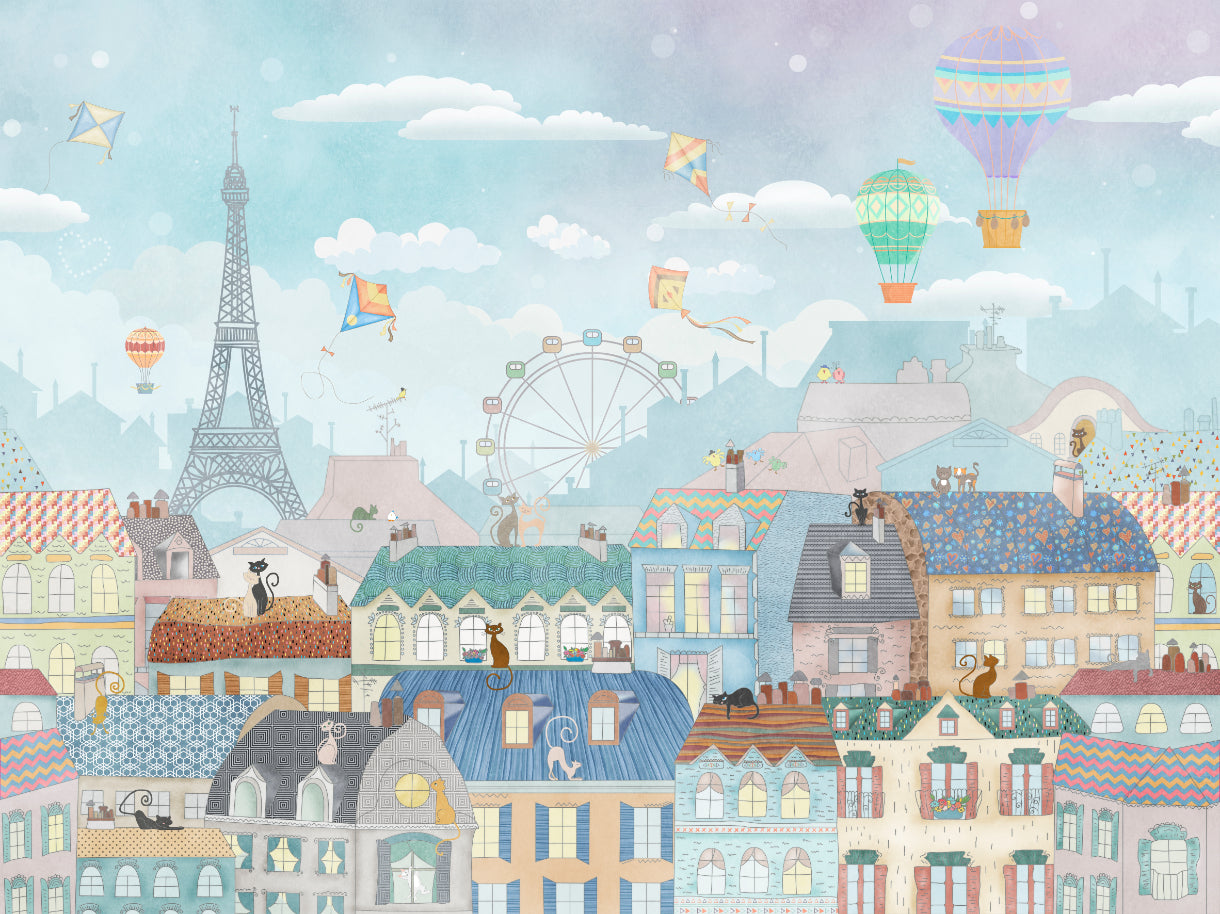 Whimsical Paris Cityscape Wall Mural