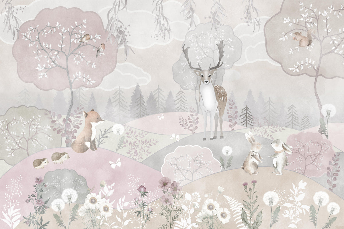Whimsical Woodland Creatures Wall Mural in your room — zoomed