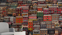 Vibrant urban neighborhood with colorful stacked houses.