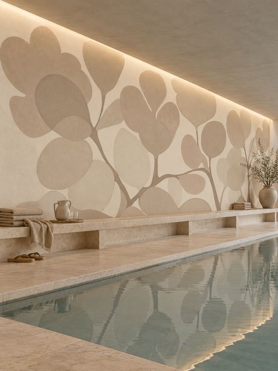 Leaf wallpaper mural beside an indoor pool with a stone bench and soft cove lighting GD13856