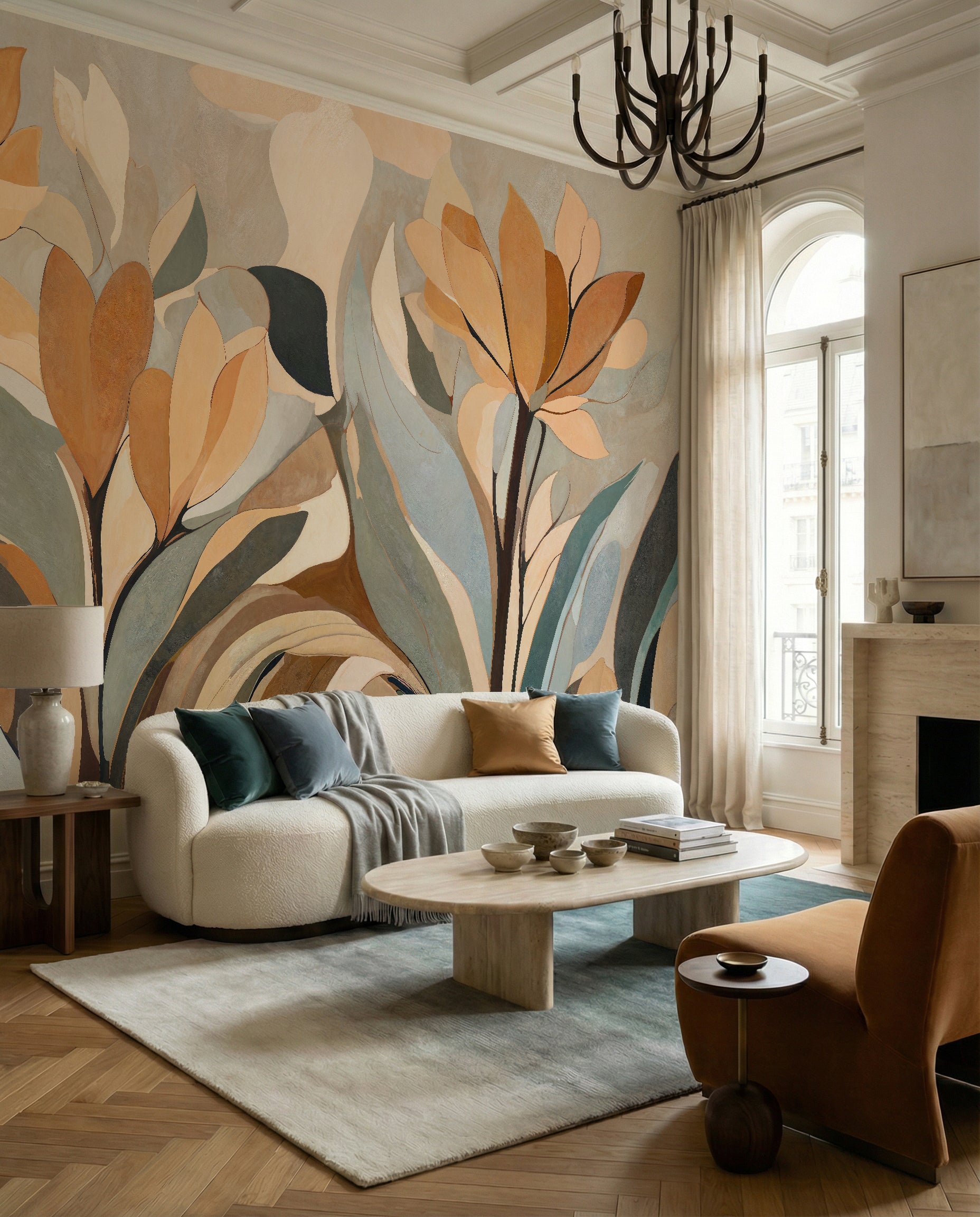 Painted forms lean toward the lounge over the Emils Bloom wall mural surface.