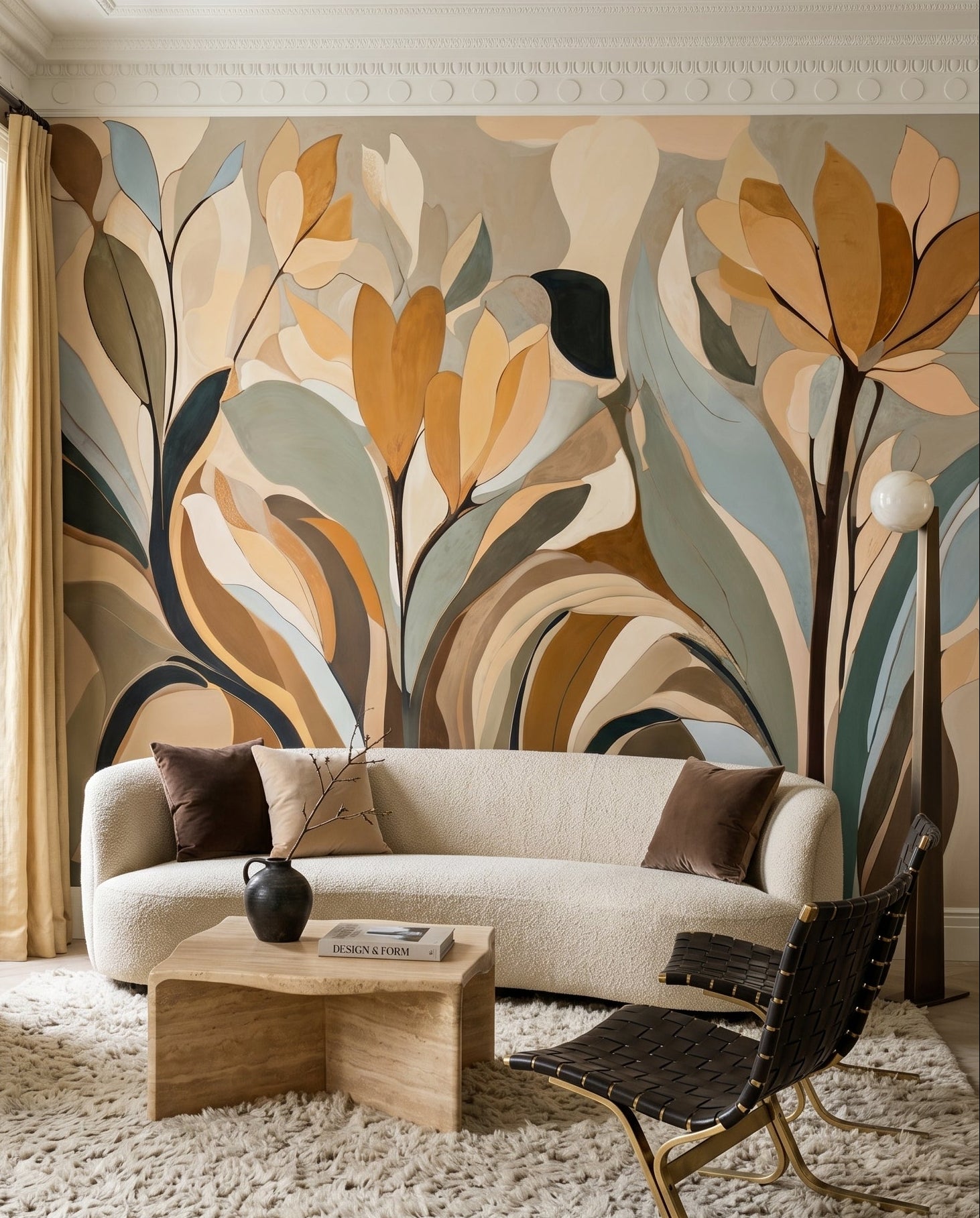 Emils Bloom wall mural fills the living room with muted botanical petals.