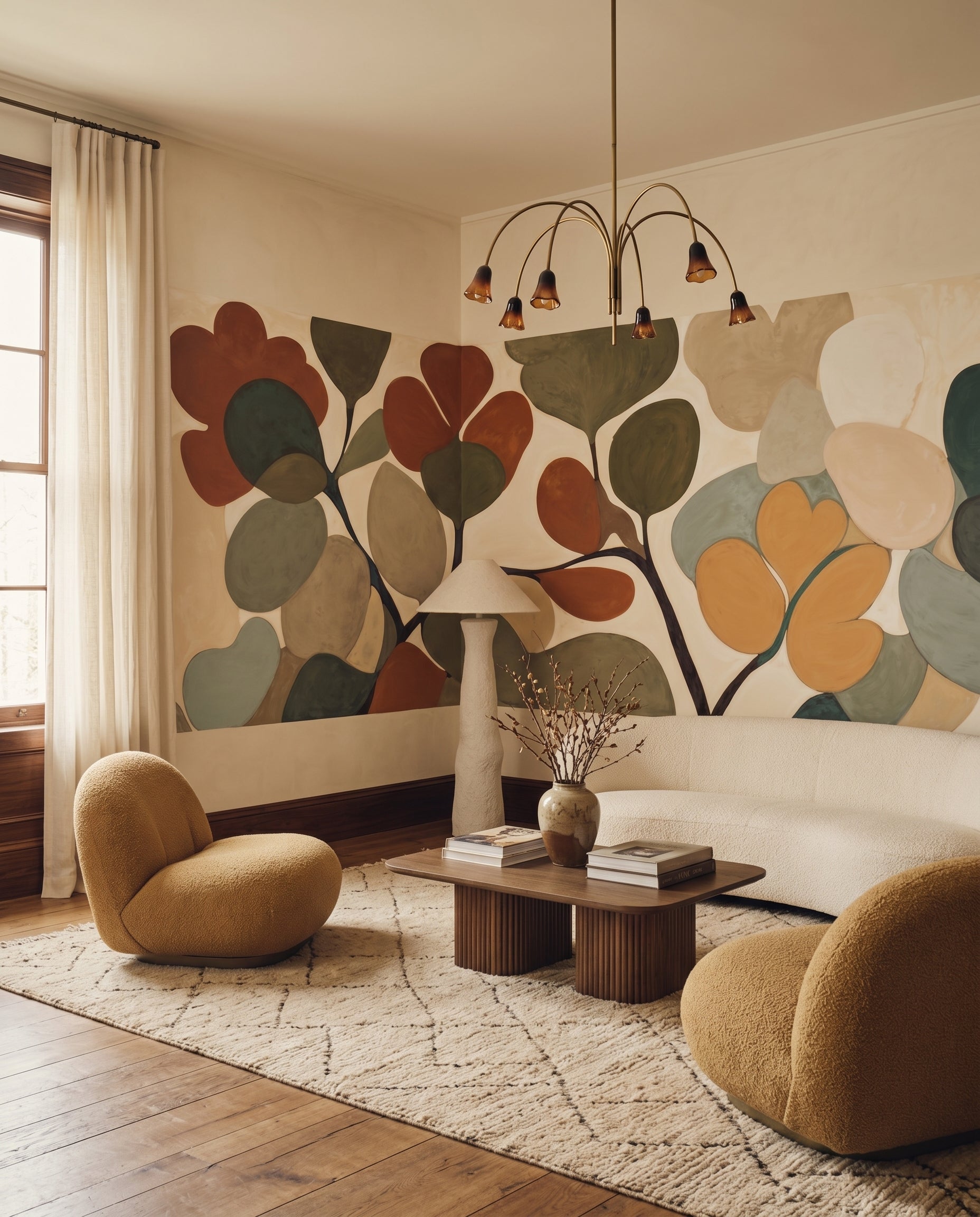 Curving leaf forms fill the Living room as a soothing botanical wall mural
