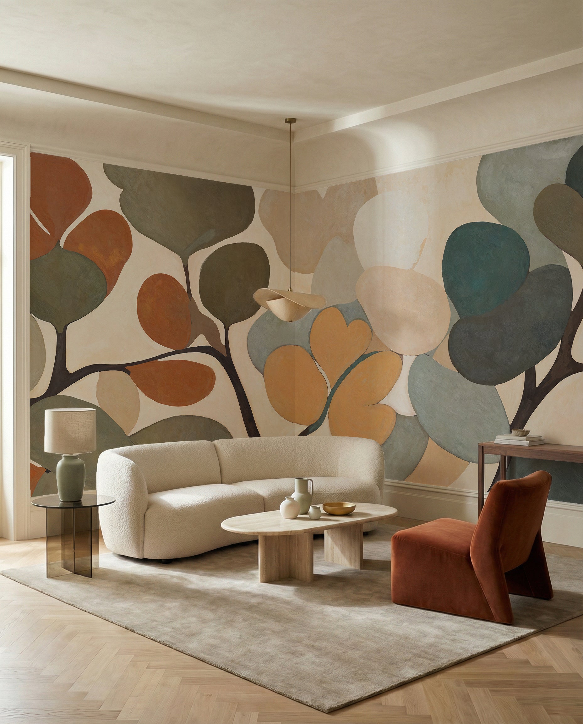 Living feature in muted ochre and teal pebble shapes, Emils Bouquet wall mural