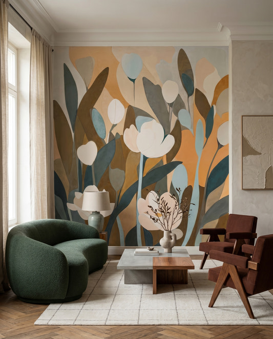 Ivory tulip blooms float across a living room with the Emis Meadow wall mural.