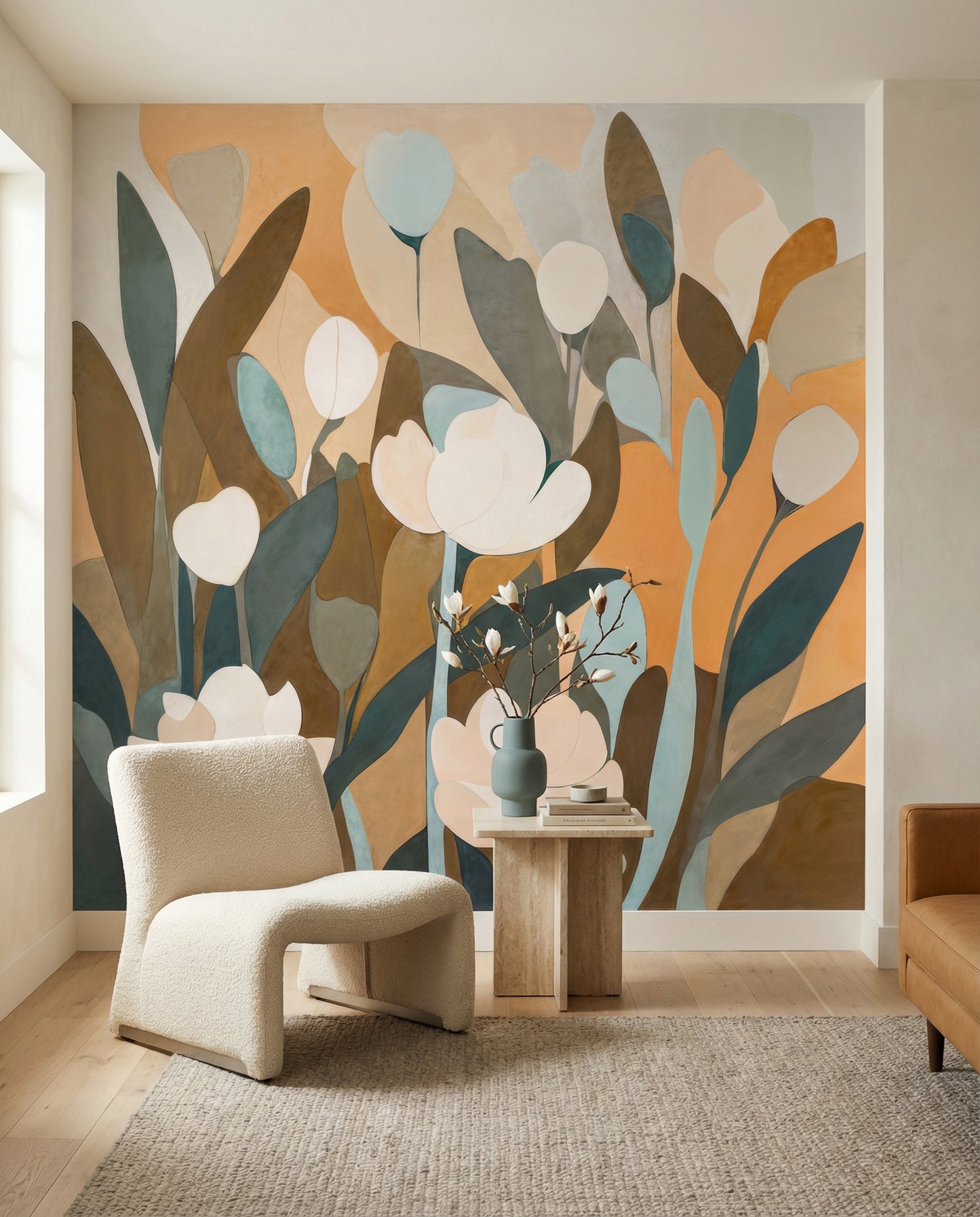 Foliage shapes drift behind a lounge framed by this Meadow wall mural.