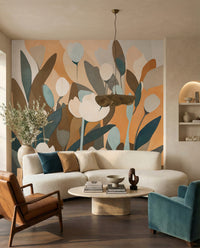Teal and ochre foliage warms a Living room in this Meadow wall mural.
