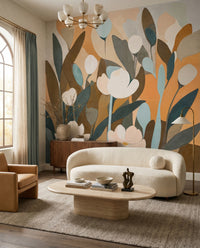 Rounded blooms and slim stems fill a narrow hallway on the Emis Meadow wall mural.