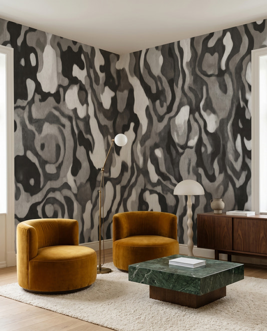 Charcoal Ettore Line wall mural flowing behind the living room area