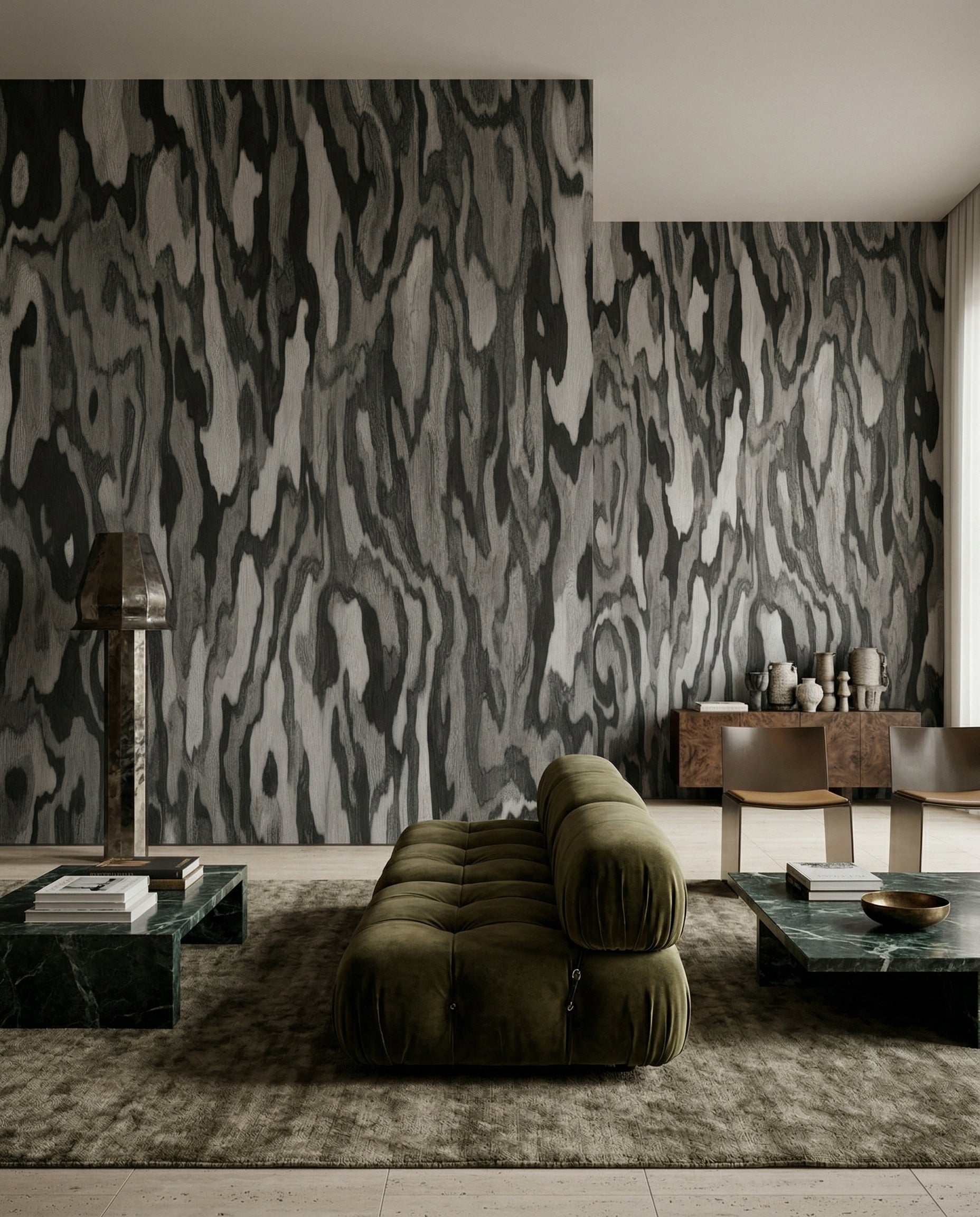 Silver and graphite tones lift a Living area via this marbled wall mural.
