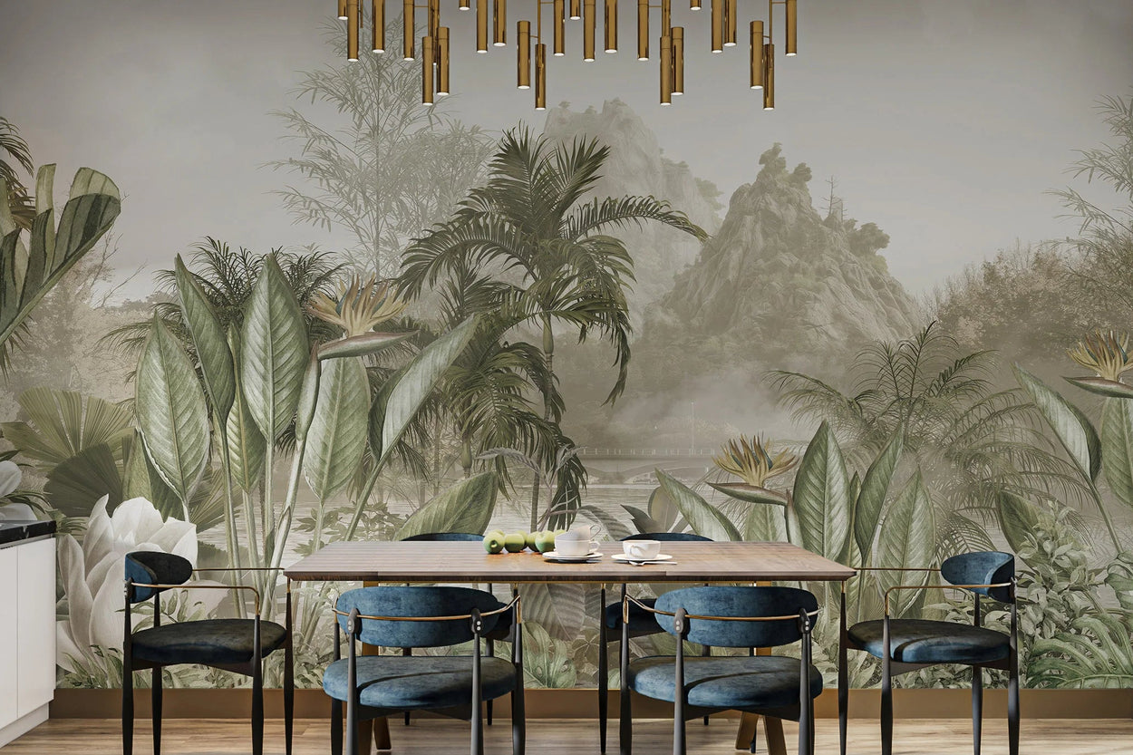 Dining area with a tropical forest wallpaper mural on the wall, featuring a table and chairs.