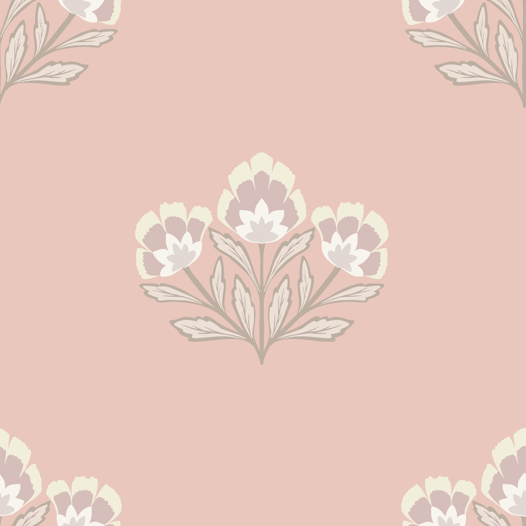 Muted pink wall covering, graceful flower bouquet, refined living space Blush Blooms.