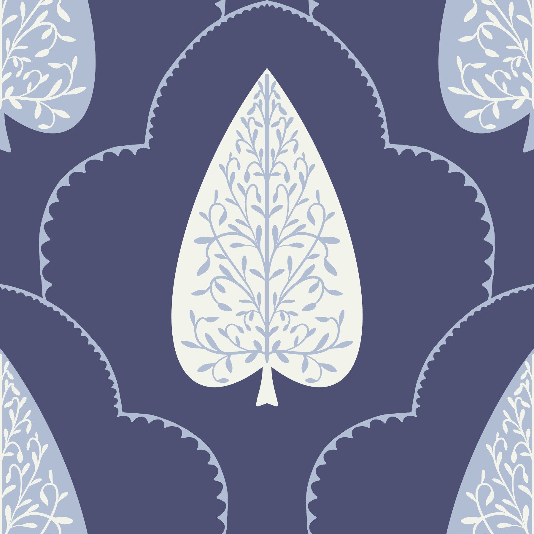 Geometric stylized leaf motif of Indigo Grove Botanical Echoes Wallpaper.