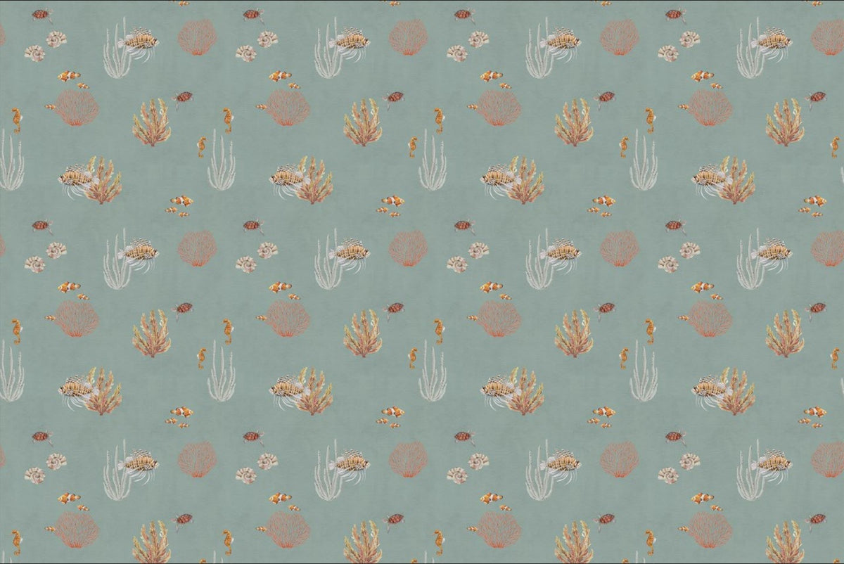 Teal Oceanic Wonders Wall Mural in your room — zoomed