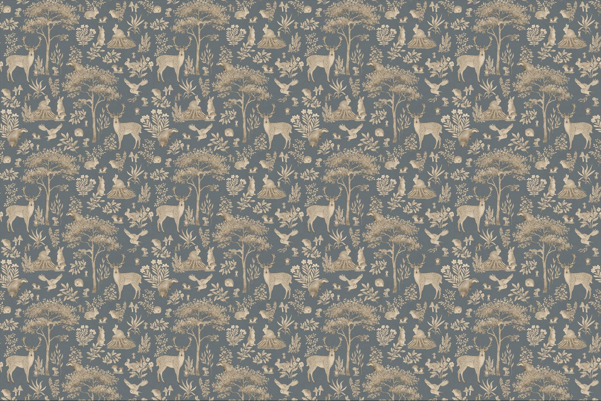 Vintage Blue Wildlife Wallpaper in your room — zoomed