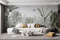 Peaceful green forest birds mural for walls