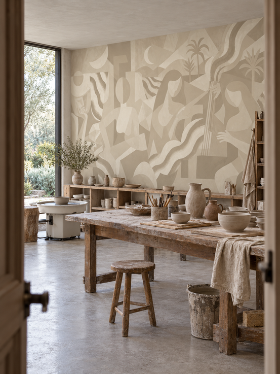 Abstract wallpaper mural behind a rustic wood table with pottery and a wooden stool GD13860