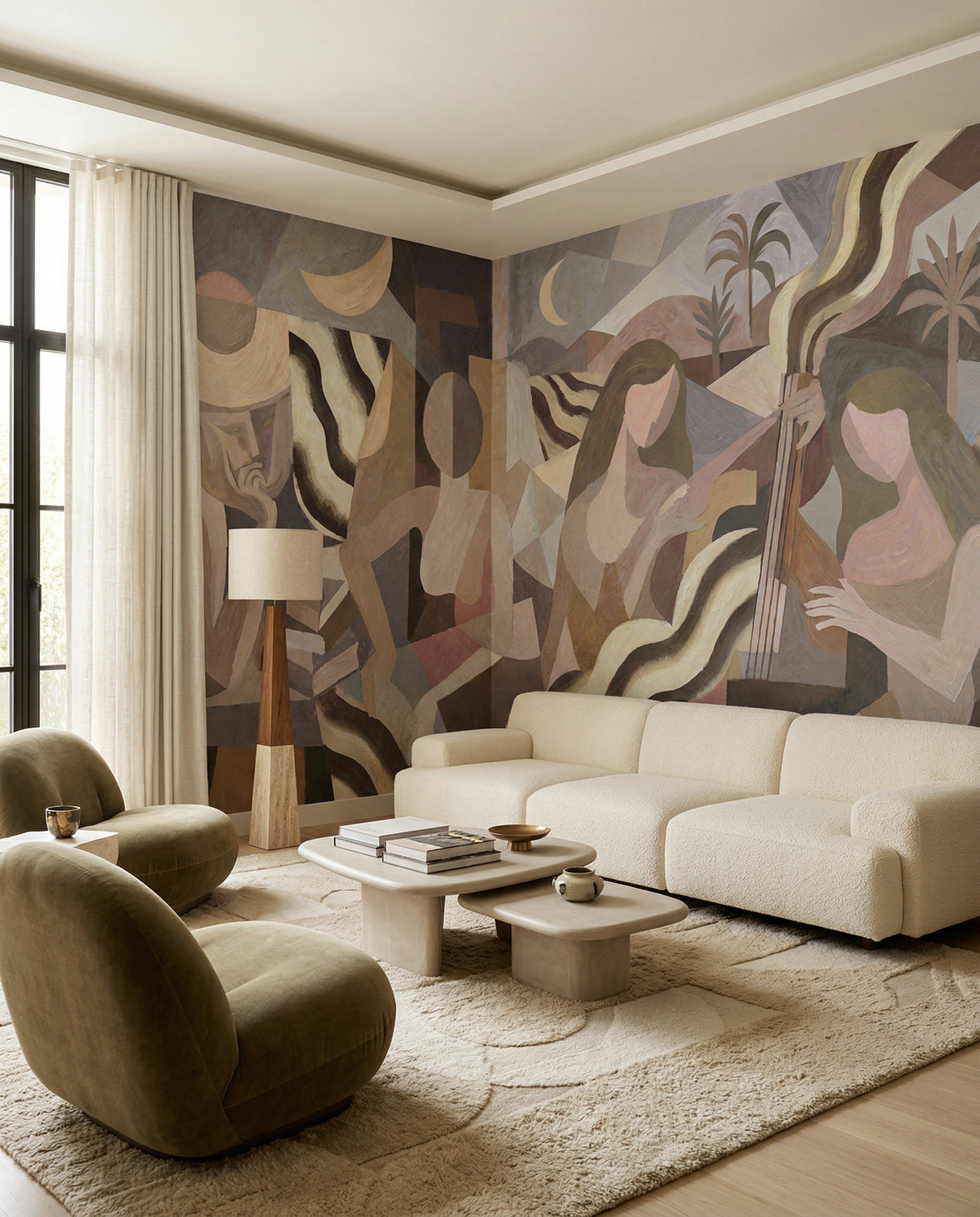 Living room paired with the Lunar Drift wall mural in muted beige tones