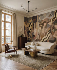 Cubist musicians spread through a Living  room across this painterly wall mural