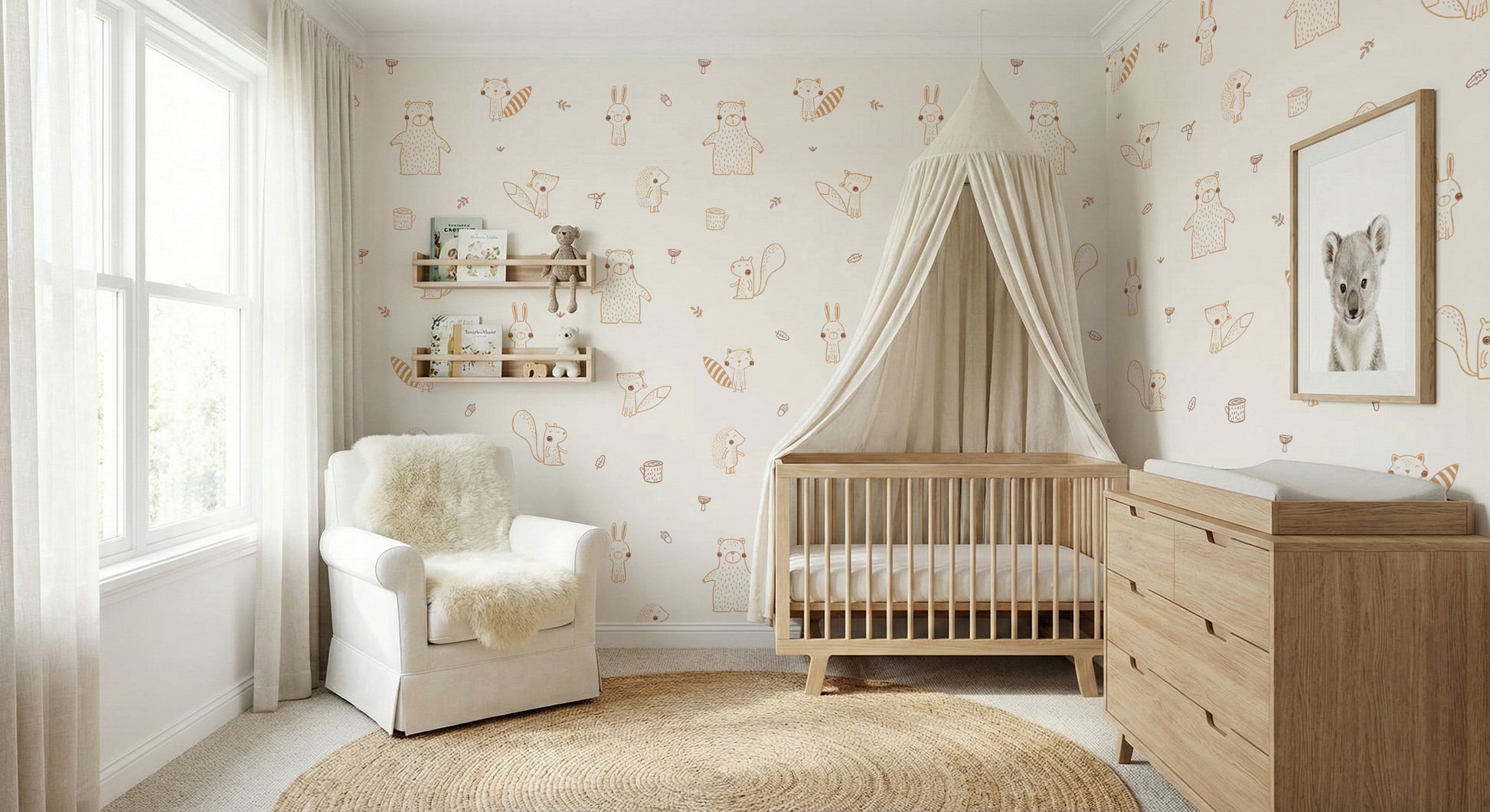 Cream Baby Forest Friends wallpaper of line-drawn woodland animals in a nursery with wood crib and white glider