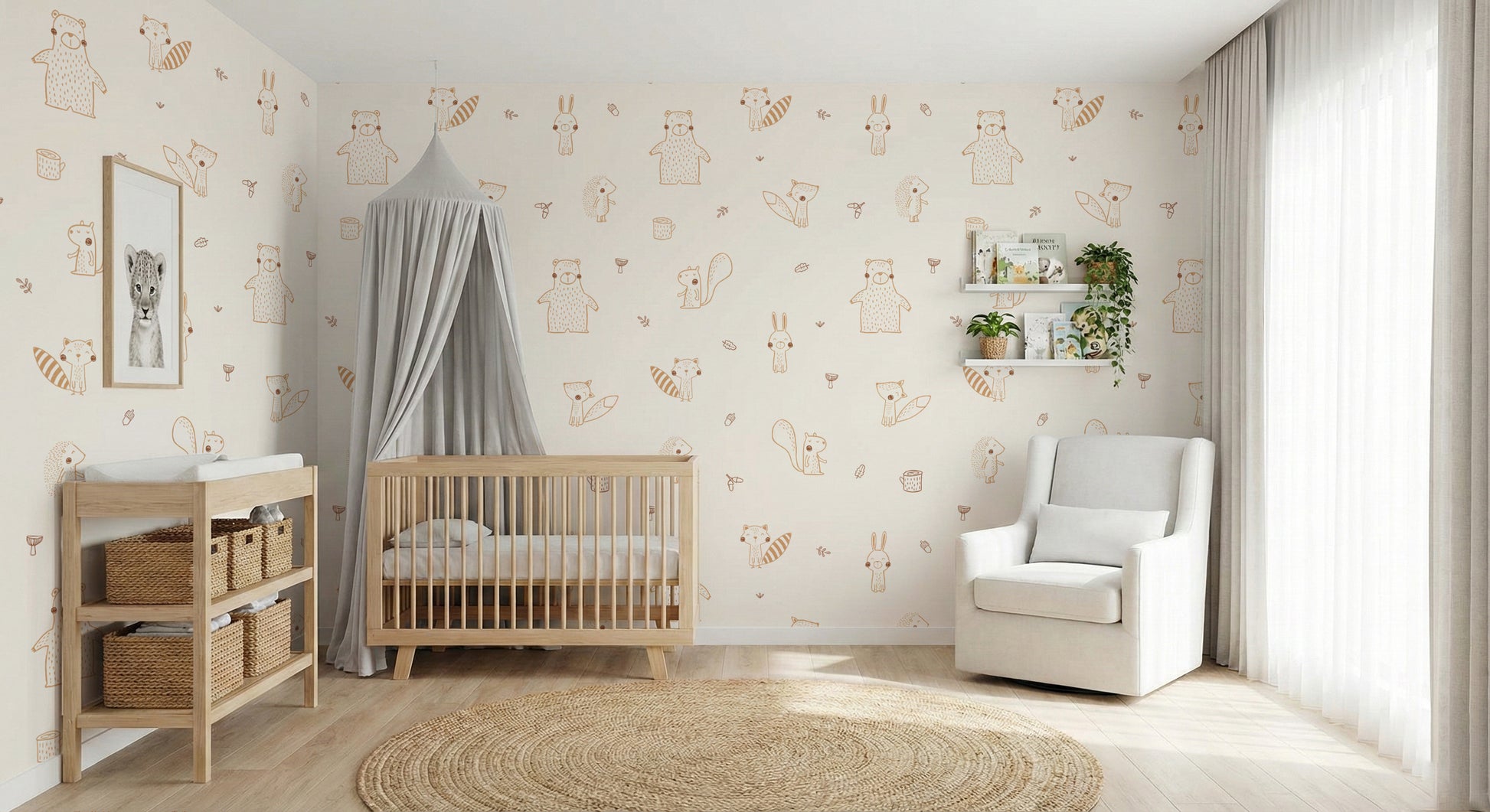 Cream Baby Forest Friends wallpaper behind a wood crib with grey canopy and changing table in a soft nursery