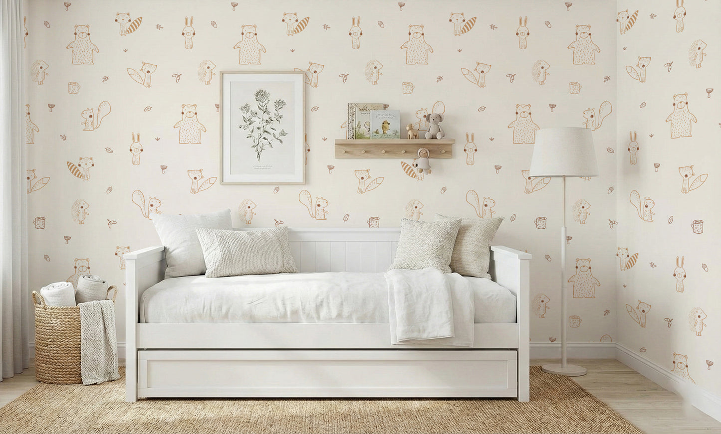 Cream Baby Forest Friends wallpaper with bears and foxes above a white daybed and trundle in a kids room