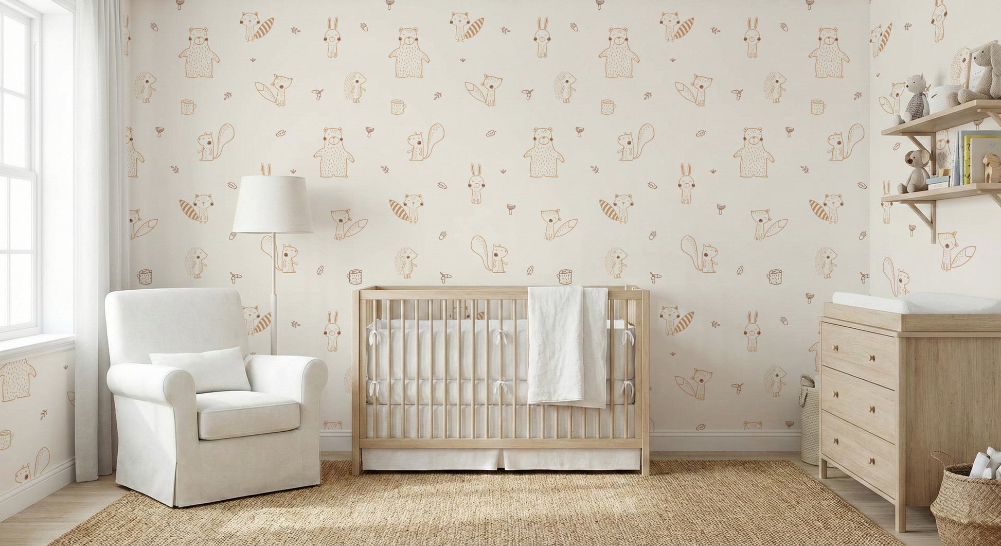 Cream Baby Forest Friends wallpaper of woodland animals behind a natural wood crib and cream nursery glider