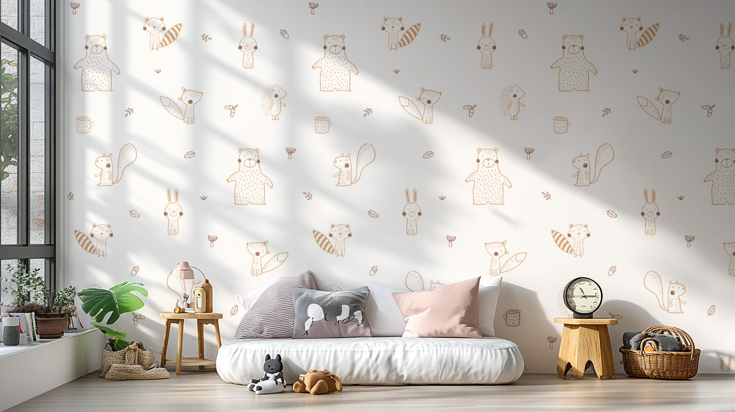 Cream Baby Forest Friends wallpaper of bears and squirrels above a low white daybed in a sunlit kids room